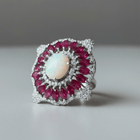 Handcrafted Sterling Silver Opal Ring with Melee Diamonds & Ruby Accents