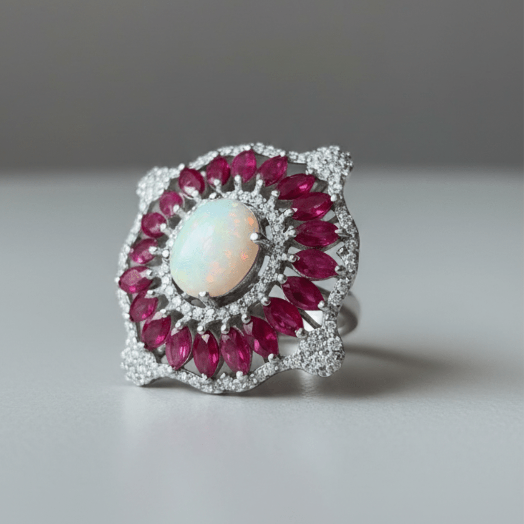 Handcrafted Sterling Silver Opal Ring with Melee Diamonds & Ruby Accents