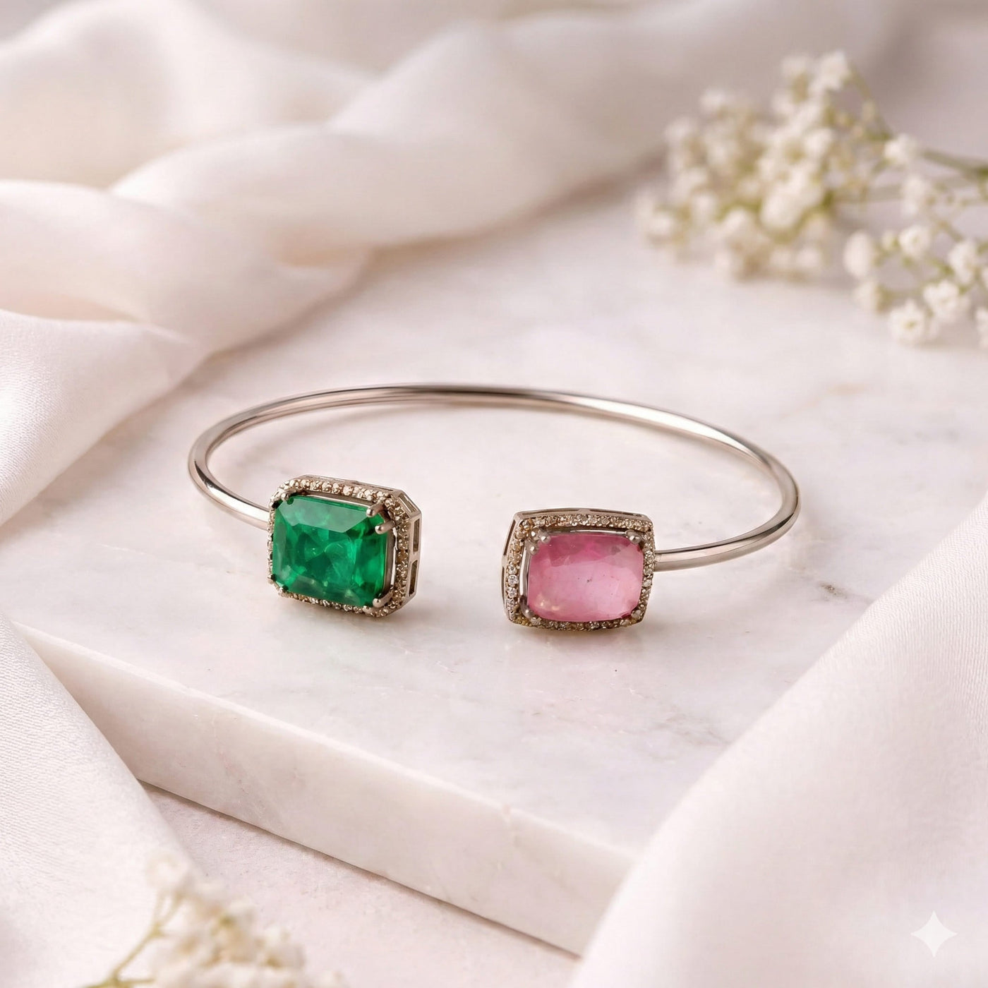 Handcrafted Sterling Silver Open Cuff Bracelet with Emerald, Ruby and Diamonds