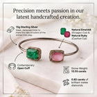 Handcrafted Sterling Silver Open Cuff Bracelet with Emerald, Ruby and Diamonds