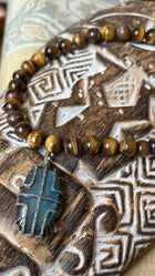 Handcrafted Tiger’s Eye String Necklace with Fluorite, Blue Sapphire, and Diamond Pendant