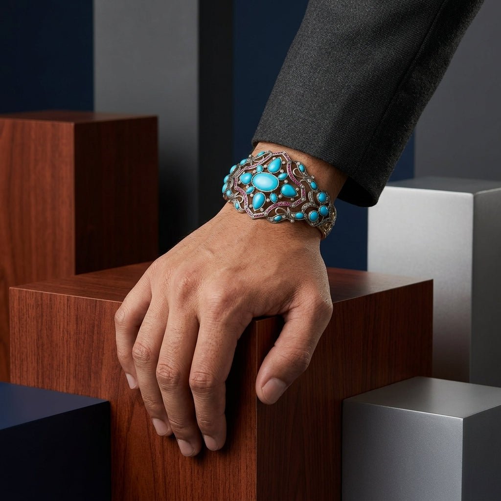 Handcrafted Turquoise, Ruby, and Diamond Cuff Bracelet in Silver