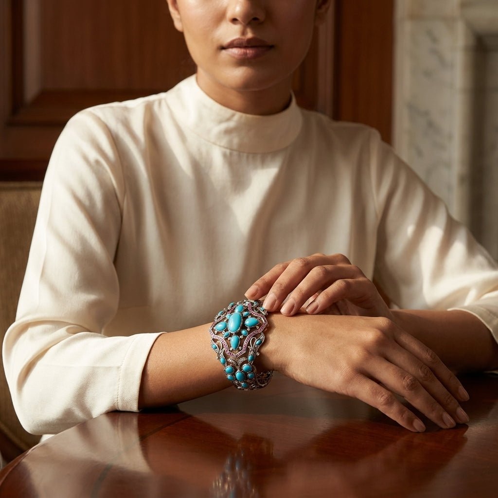 Handcrafted Turquoise, Ruby, and Diamond Cuff Bracelet in Silver