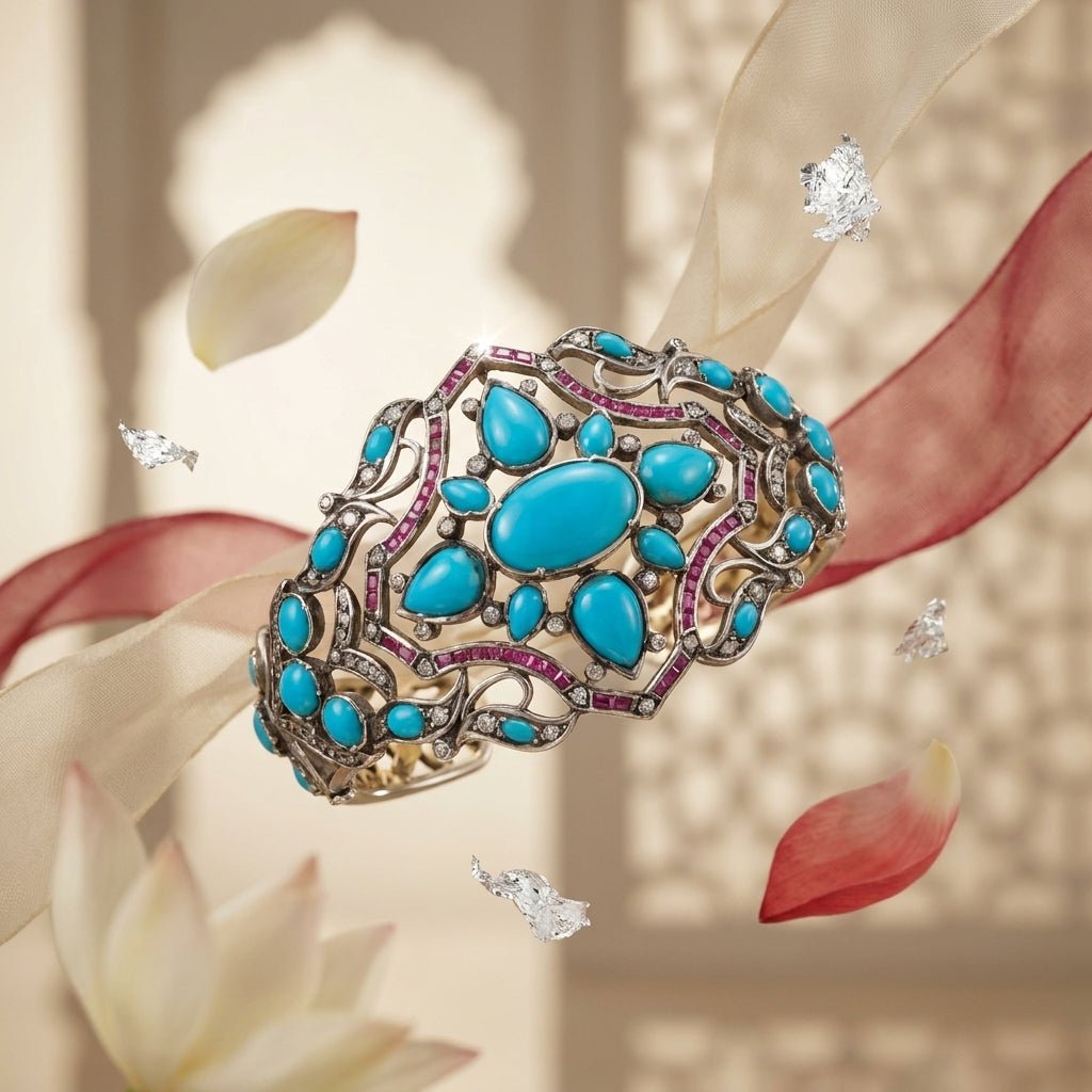 Handcrafted Turquoise, Ruby, and Diamond Cuff Bracelet in Silver