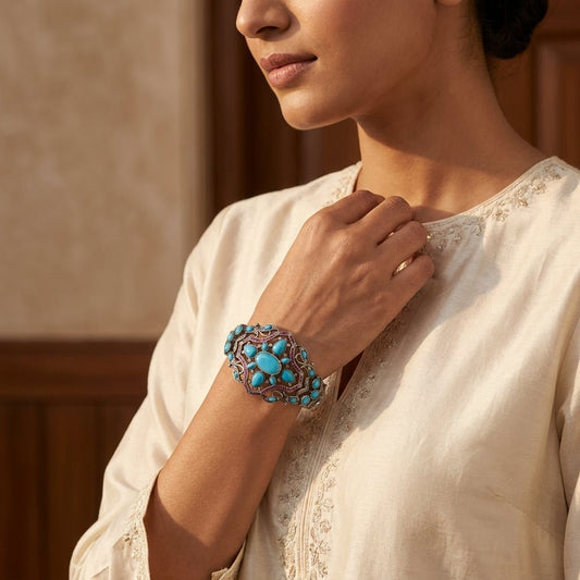 Handcrafted Turquoise, Ruby, and Diamond Cuff Bracelet in Silver - Antiqa Handcrafted