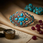 Handcrafted Turquoise, Ruby, and Diamond Cuff Bracelet in Silver