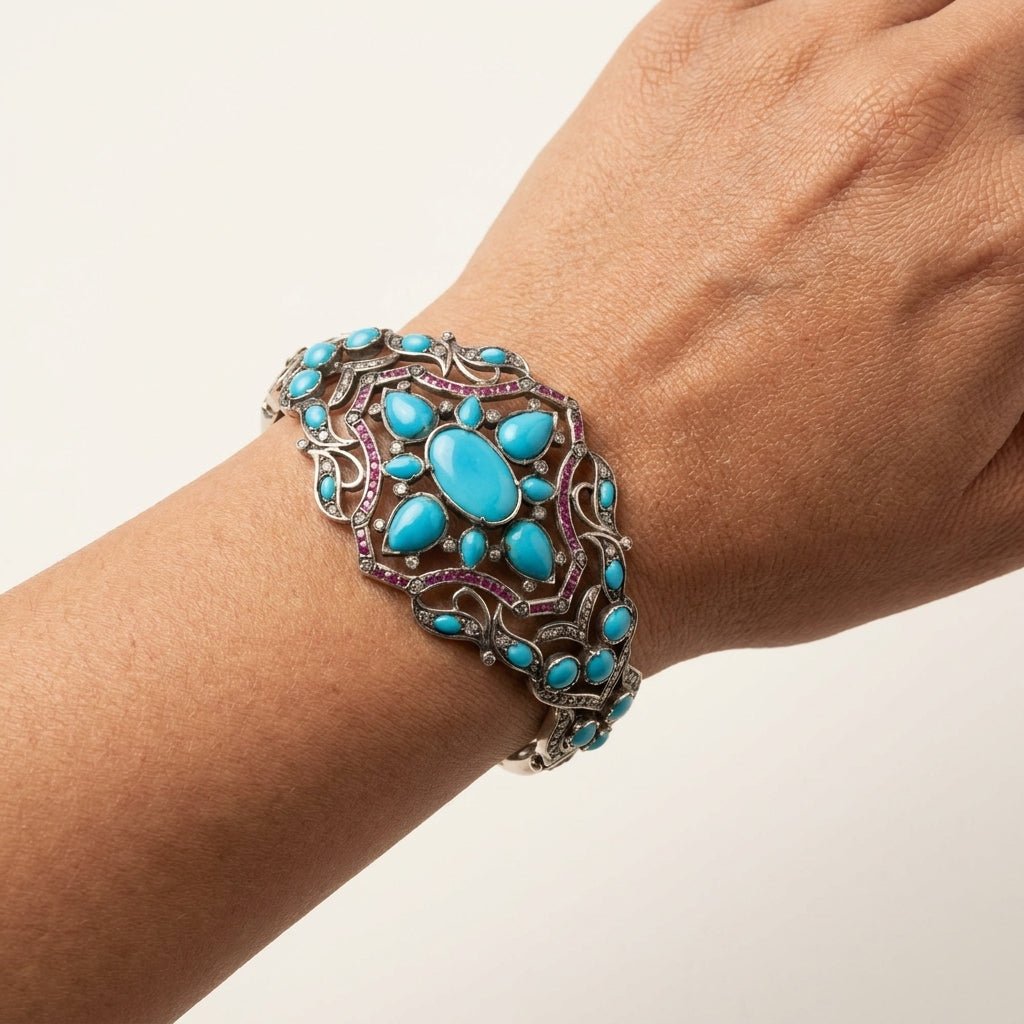 Handcrafted Turquoise, Ruby, and Diamond Cuff Bracelet in Silver
