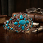 Handcrafted Turquoise, Ruby, and Diamond Cuff Bracelet in Silver