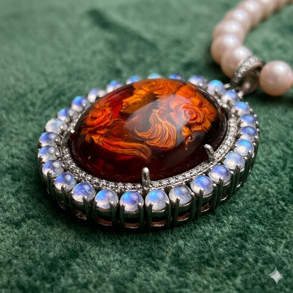 Handcrafted Victorian Style Baltic Amber, Moonstone & Diamond Pendant