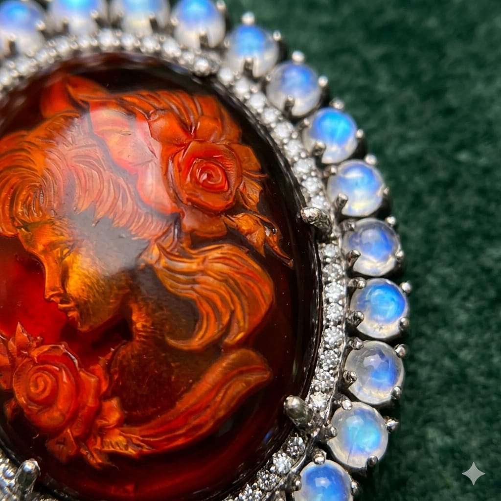 Handcrafted Victorian Style Baltic Amber, Moonstone & Diamond Pendant