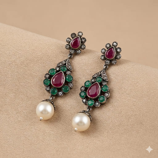 Handcrafted Vintage Sterling Silver Earrings with Emerald, Ruby, Diamonds & Pearls