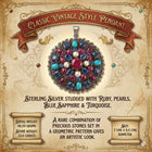 Handcrafted Vintage Sterling Silver Pendant with Ruby, Pearls, Blue Sapphire and Turquoise