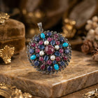 Handcrafted Vintage Sterling Silver Pendant with Ruby, Pearls, Blue Sapphire and Turquoise