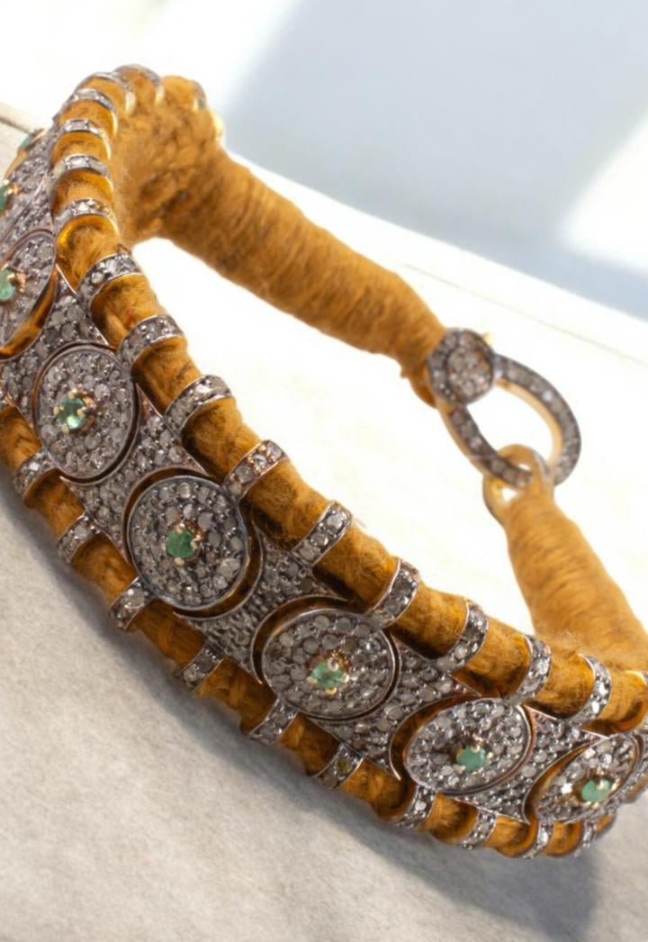 Handcrafted Vintage-Style Sterling Silver Bracelet with Zambian Emeralds & Melee Diamonds – Antique Fabric Base Design