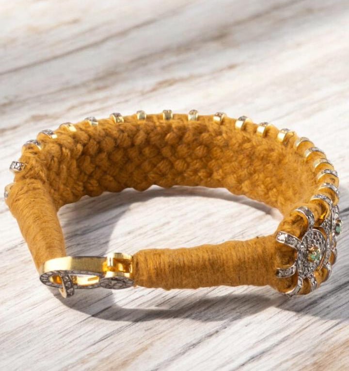 Handcrafted Vintage-Style Sterling Silver Bracelet with Zambian Emeralds & Melee Diamonds – Antique Fabric Base Design