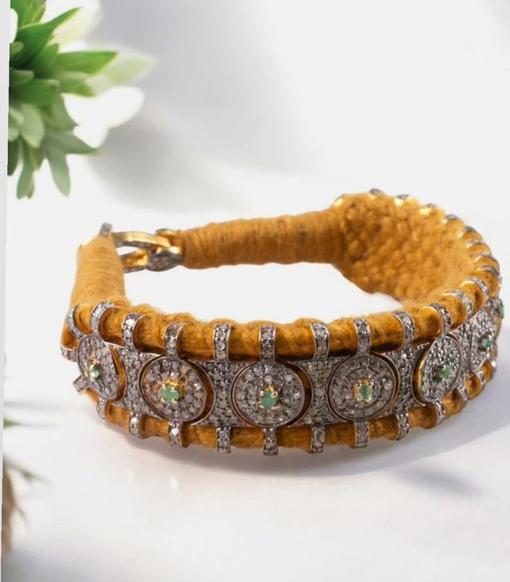 Handcrafted Vintage-Style Sterling Silver Bracelet with Zambian Emeralds & Melee Diamonds – Antique Fabric Base Design