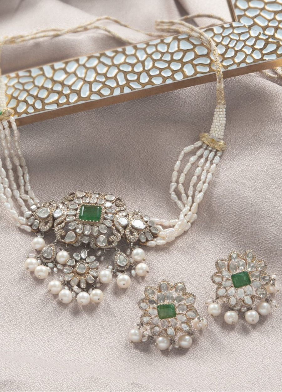 Handcrafted Sterling Silver Choker Necklace & Earrings Set with Jade, Natural Diamond Polki, Diamonds & Freshwater Pearls