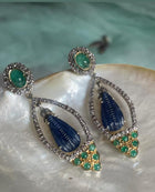 Modern Designer Earrings in Sterling Silver with Blue Sapphire, Emerald & Diamond – Handcrafted Luxury Jewelry