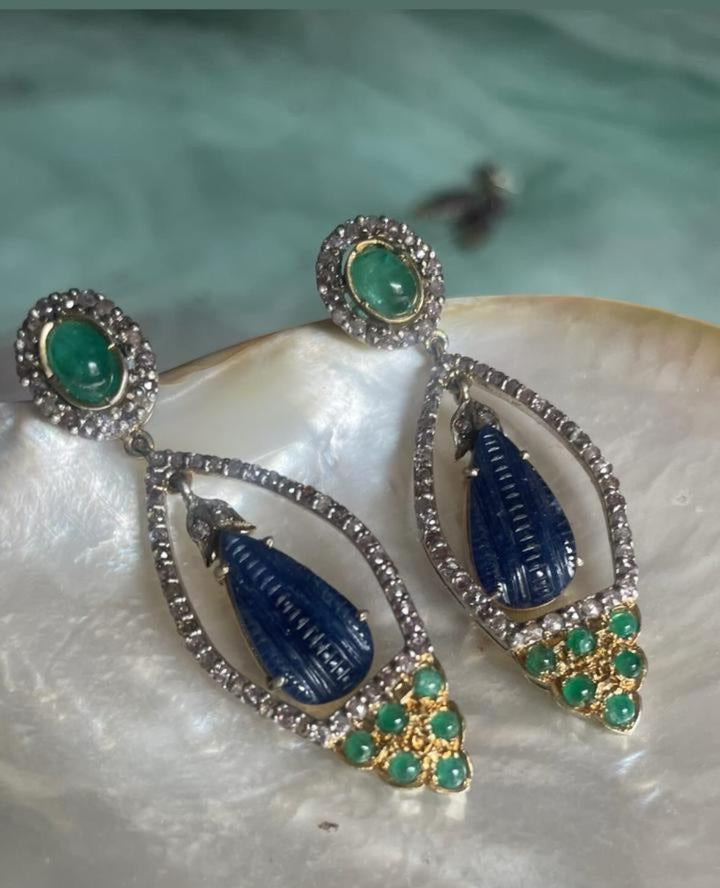Modern Designer Earrings in Sterling Silver with Blue Sapphire, Emerald & Diamond – Handcrafted Luxury Jewelry