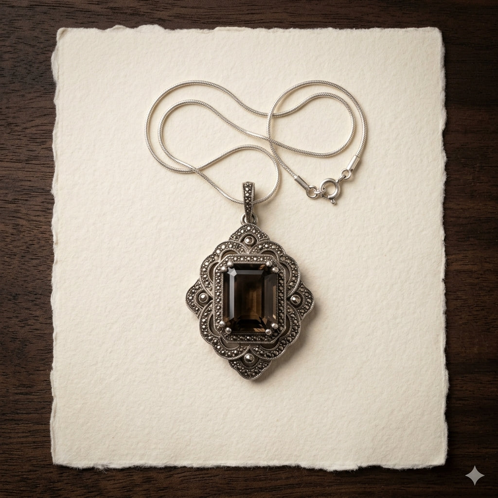 Artisan made smoky quartz diamond pendant necklace