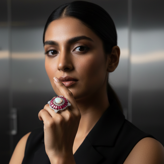 Handcrafted sterling silver opal ring with melee diamonds