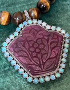 Handcrafted Carved Thai Ruby Pendant with Opal Halo & Melee Diamonds