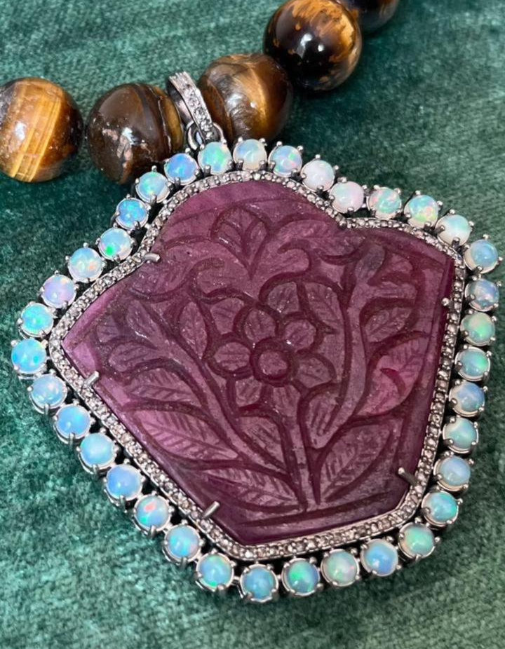 Handcrafted Carved Thai Ruby Pendant with Opal Halo & Melee Diamonds