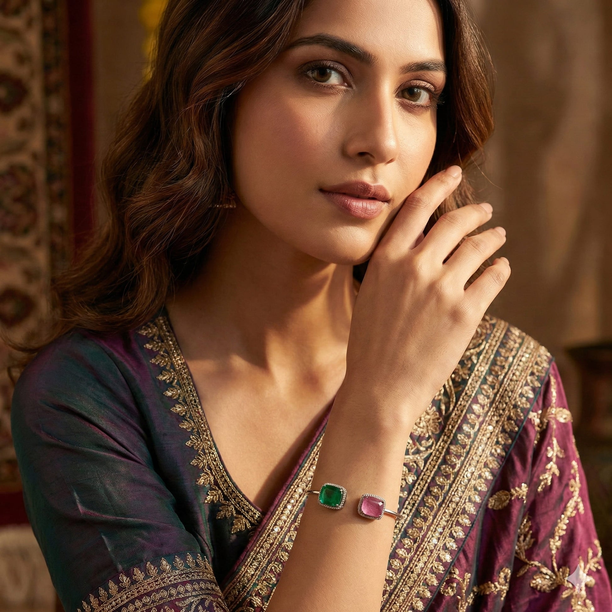 Handcrafted sterling silver open cuff bracelet with emerald ruby and diamonds