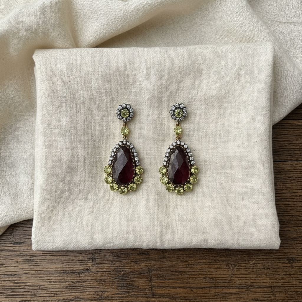 Handcrafted Sterling Silver Brown Sapphire, Peridot & White Sapphire Earrings