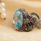 The Duchess – Vintage Style Blue Topaz Ring with Rubies, Melee Diamonds & Black Enamel in Handcrafted Sterling Silver