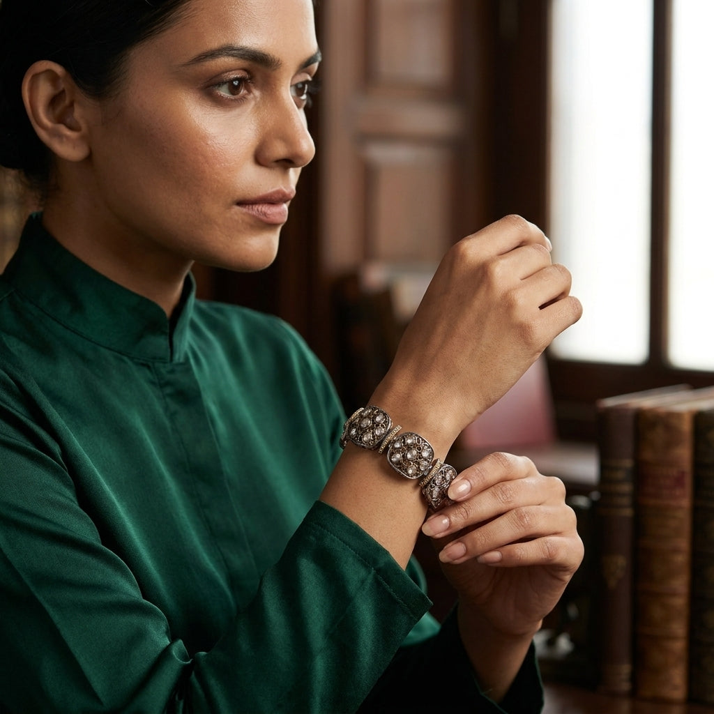 Exquisite Polki and Diamond Link Bracelet in Sterling Silver