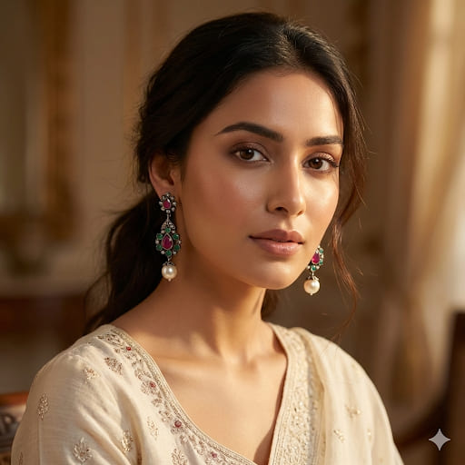 Handcrafted vintage sterling silver earrings with emerald ruby diamonds and pearls