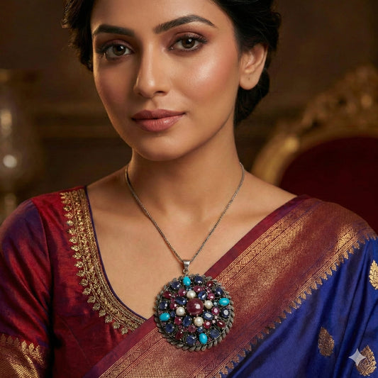 Handcrafted vintage sterling silver pendant with ruby pearls and turquoise