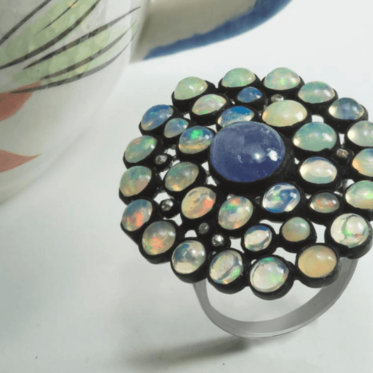 Handmade Ethiopian Opal & Blue Sapphire Ring – A Dazzling Work of Art - Antiqa Handcrafted
