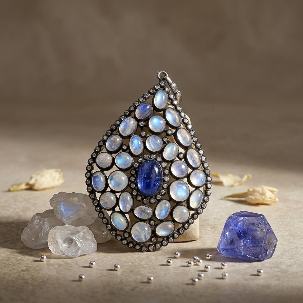 Handmade Moonstone & Blue Sapphire Pendant – A Celestial Masterpiece