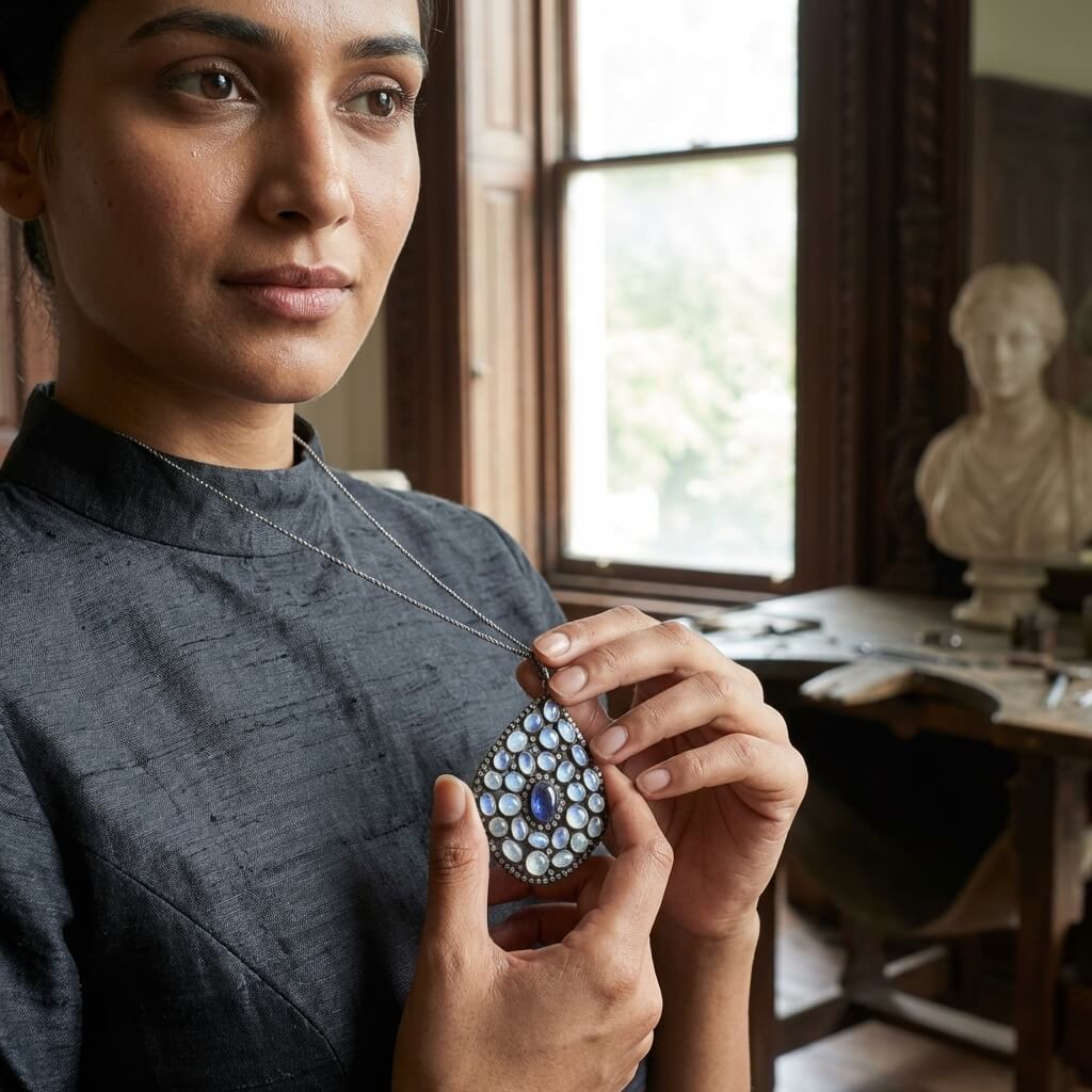 Handmade Moonstone & Blue Sapphire Pendant – A Celestial Masterpiece
