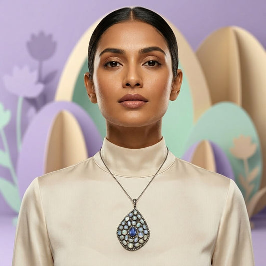 Handmade Moonstone & Blue Sapphire Pendant – A Celestial Masterpiece - Antiqa Handcrafted