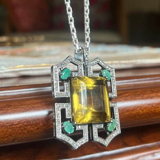 Handmade Pendant Studded with Emerald, Citrine and Diamond - Antiqa Handcrafted