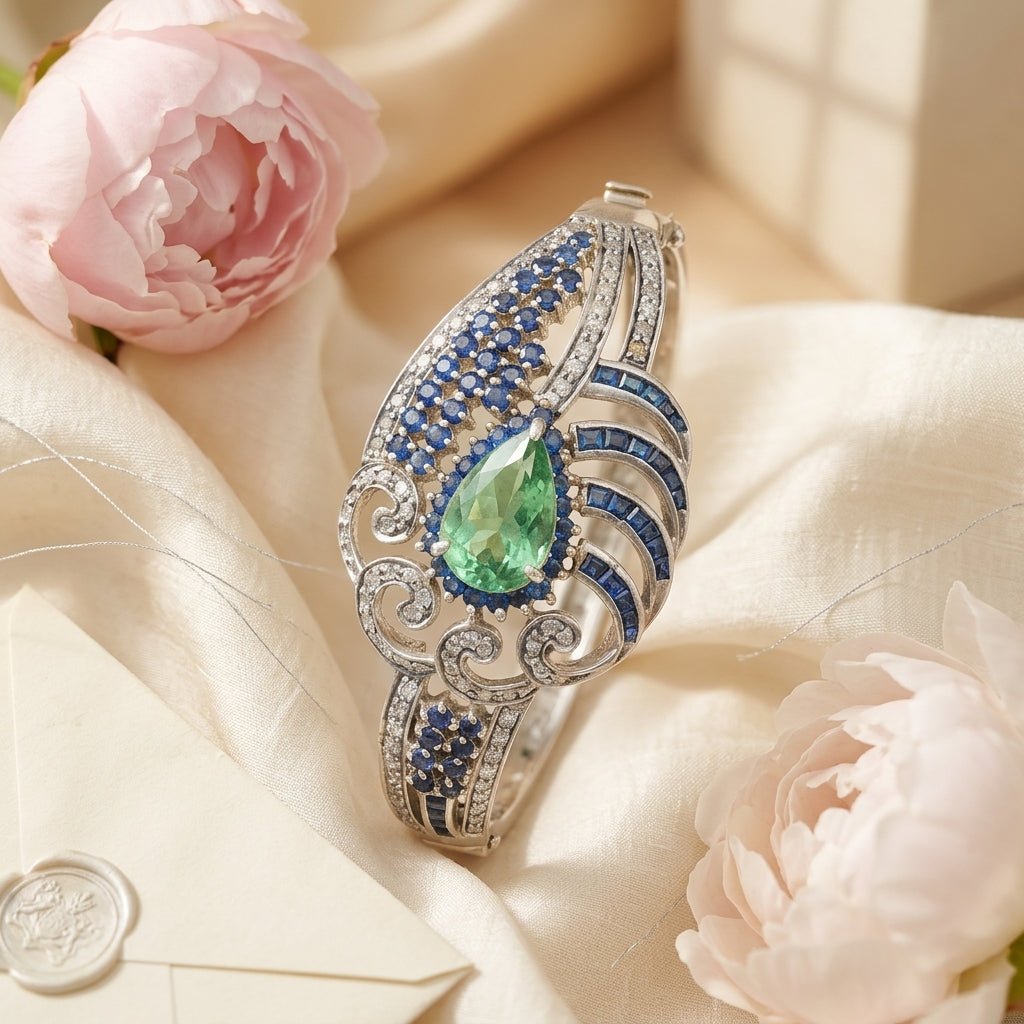 Handmade Sterling Silver Bangle with Fluorite, Blue Sapphires & Diamonds