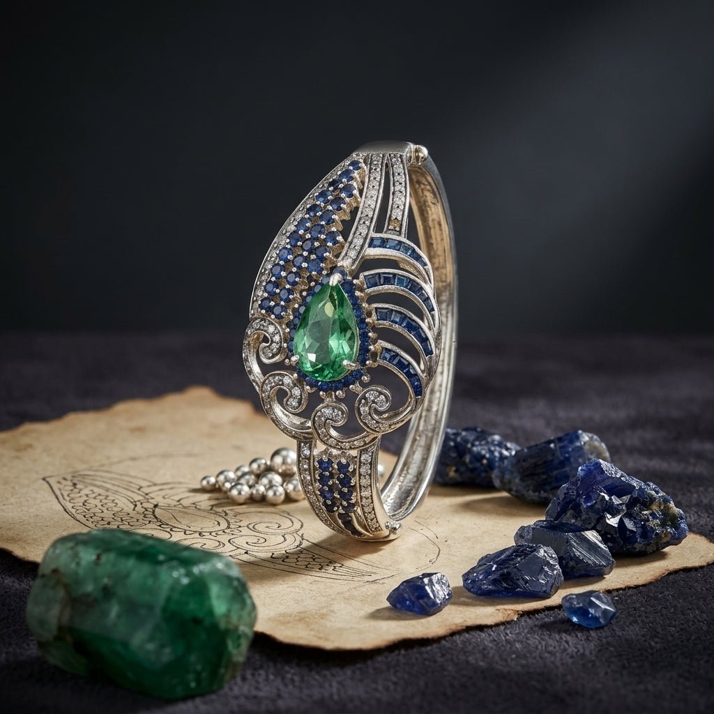 Handmade Sterling Silver Bangle with Fluorite, Blue Sapphires & Diamonds