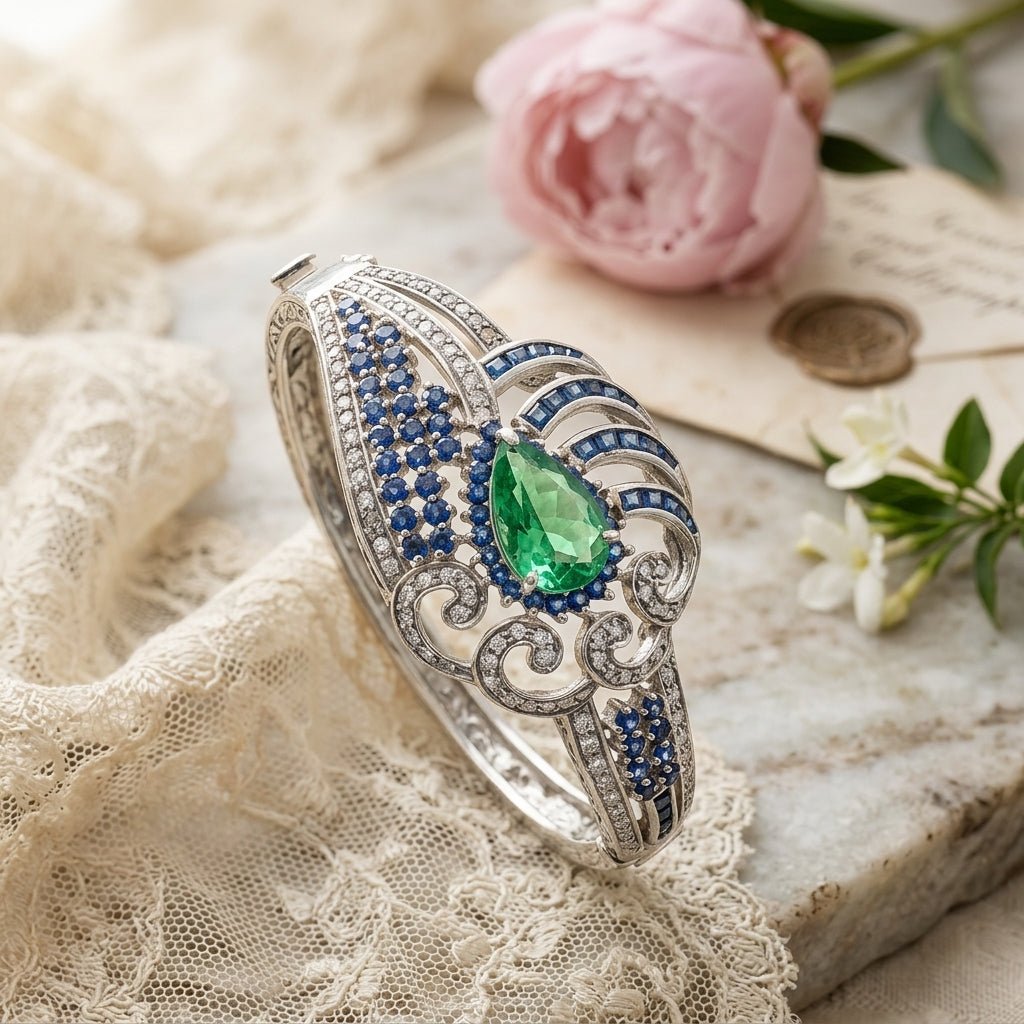 Handmade Sterling Silver Bangle with Fluorite, Blue Sapphires & Diamonds