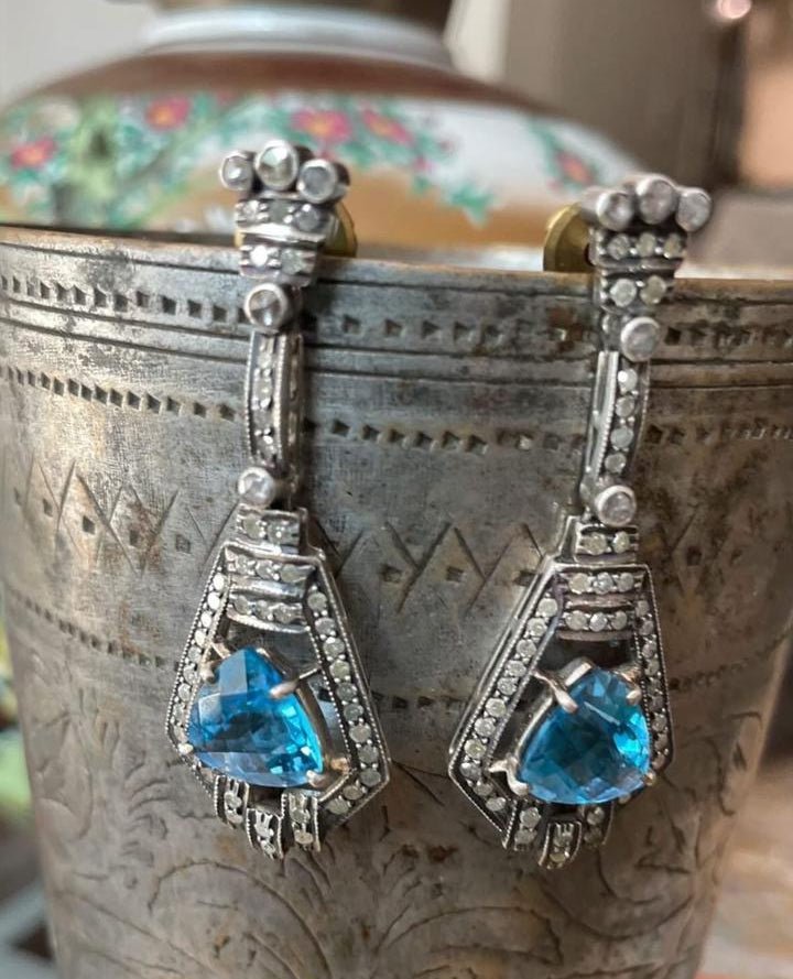 Handmade Sterling Silver Earrings with London Blue Topaz & Melee Diamonds