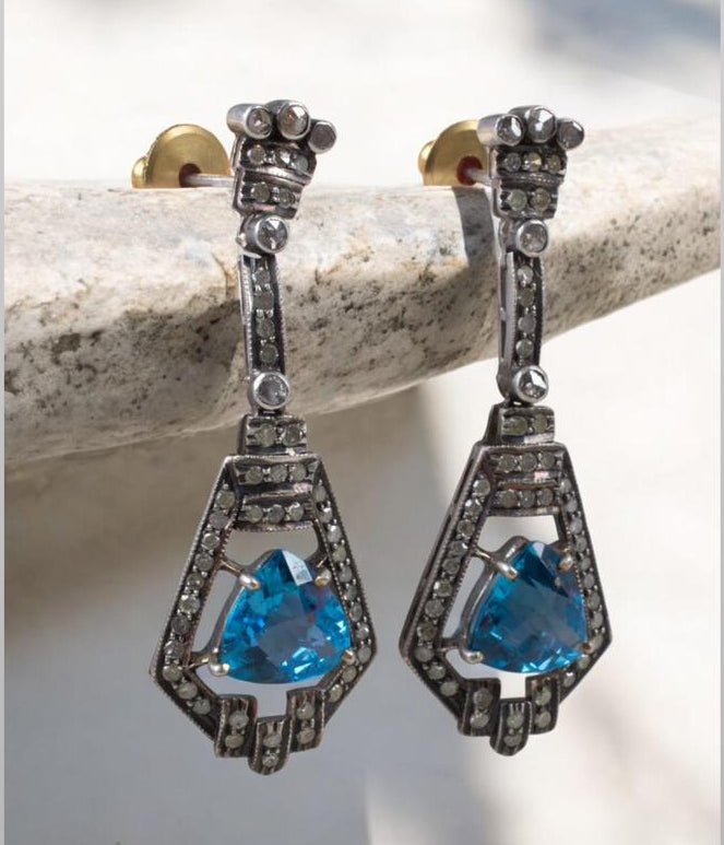 Handmade Sterling Silver Earrings with London Blue Topaz & Melee Diamonds