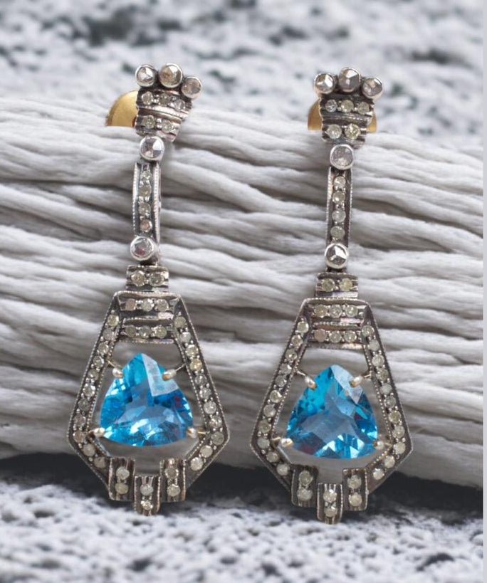 Handmade Sterling Silver Earrings with London Blue Topaz & Melee Diamonds