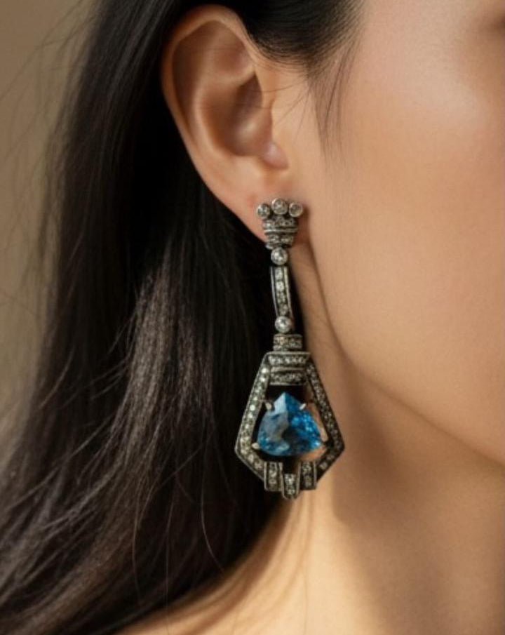 Handmade Sterling Silver Earrings with London Blue Topaz & Melee Diamonds
