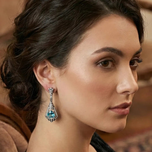 Handmade Sterling Silver Earrings with London Blue Topaz & Melee Diamonds - Antiqa Handcrafted