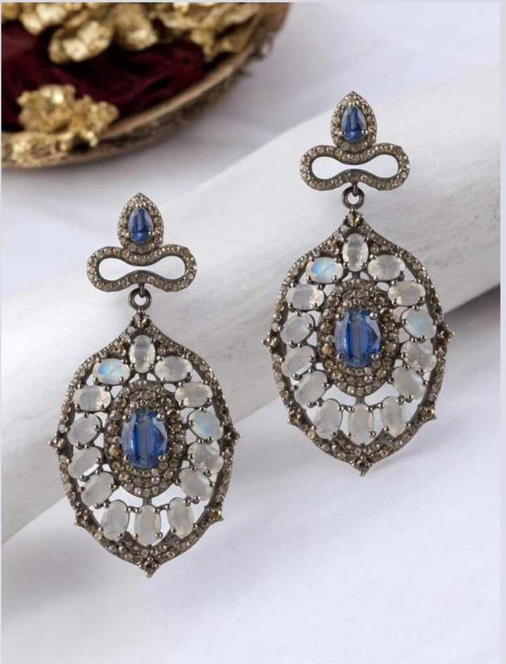 Modern Designer Earrings in Sterling Silver with Moonstone, Kyanite & Diamonds – Handcrafted Luxury Jewelry