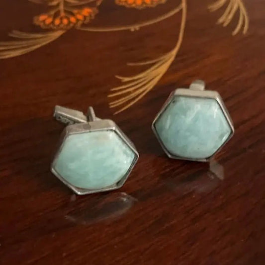 Hexagonal Amazonite & Sterling Silver Cufflinks – Elegant Handcrafted Design - Antiqa Handcrafted