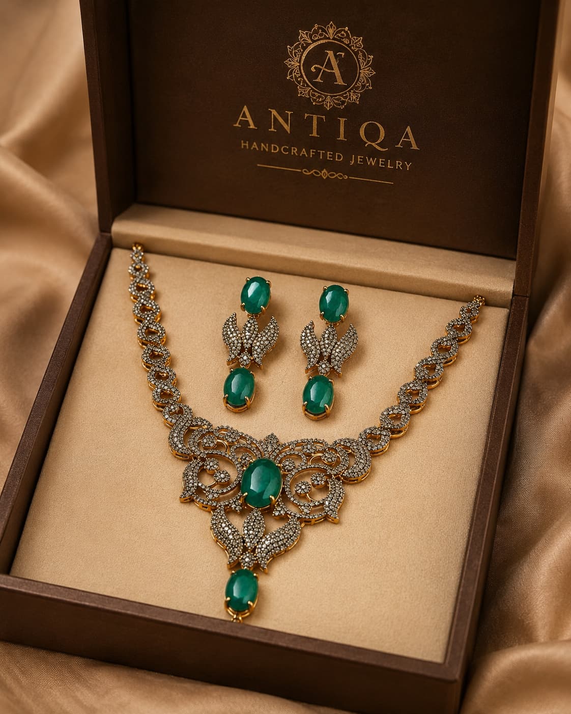 Mughal Style Beryl and Diamond Necklace and Earrings Set