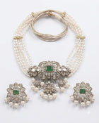 Handcrafted Sterling Silver Choker Necklace & Earrings Set with Jade, Natural Diamond Polki, Diamonds & Freshwater Pearls